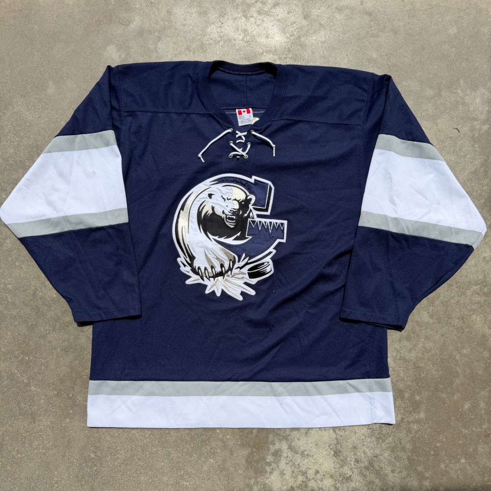 CCM Navy Blue Hockey Jersey Mens Large BEHR 30 Polar Bear Chesapeake Lace Up